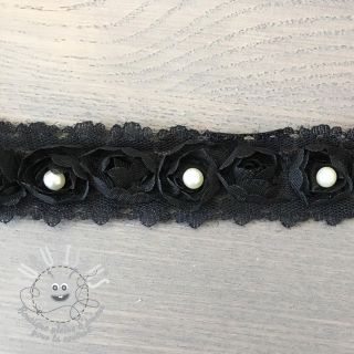 Ruban dentelle roses et perles black