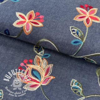 Tissu coton JEANS EMBROIDERY Meadow border indigo