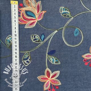 Tissu coton JEANS EMBROIDERY Meadow border indigo