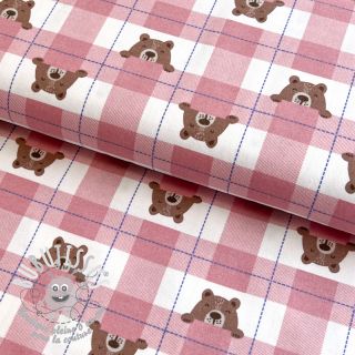 Tissu coton FLANNEL Bear check light pink