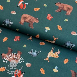 Tissu coton Animals in the wood dark green digital print