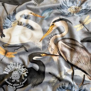 Tissu déco VELVET Heron bird steel grey