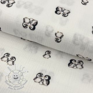 Tissu double gaze/mousseline Penguin white digital print ORGANIC