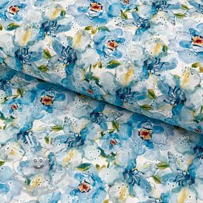 Tissu coton EMBROIDERY Peony roses blue digital print