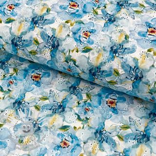 Tissu coton EMBROIDERY Peony roses blue digital print