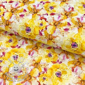 Tissu coton EMBROIDERY Peony roses yellow digital print